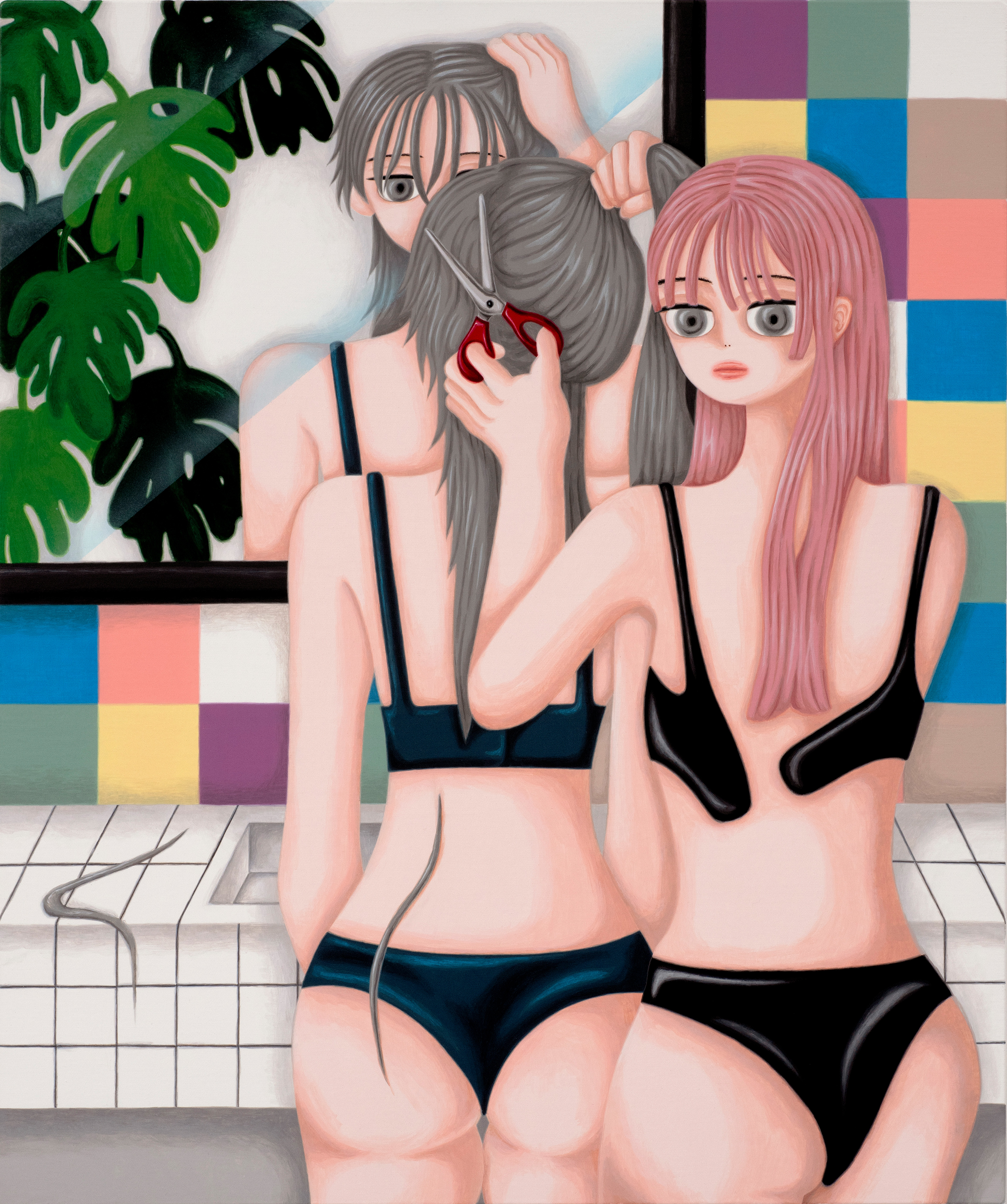 Sujin Lee, Haircut, 2020, acrylic paint on canvas. A vibrant contemporary figurative painting of young women by Korean artist Sujin Lee.