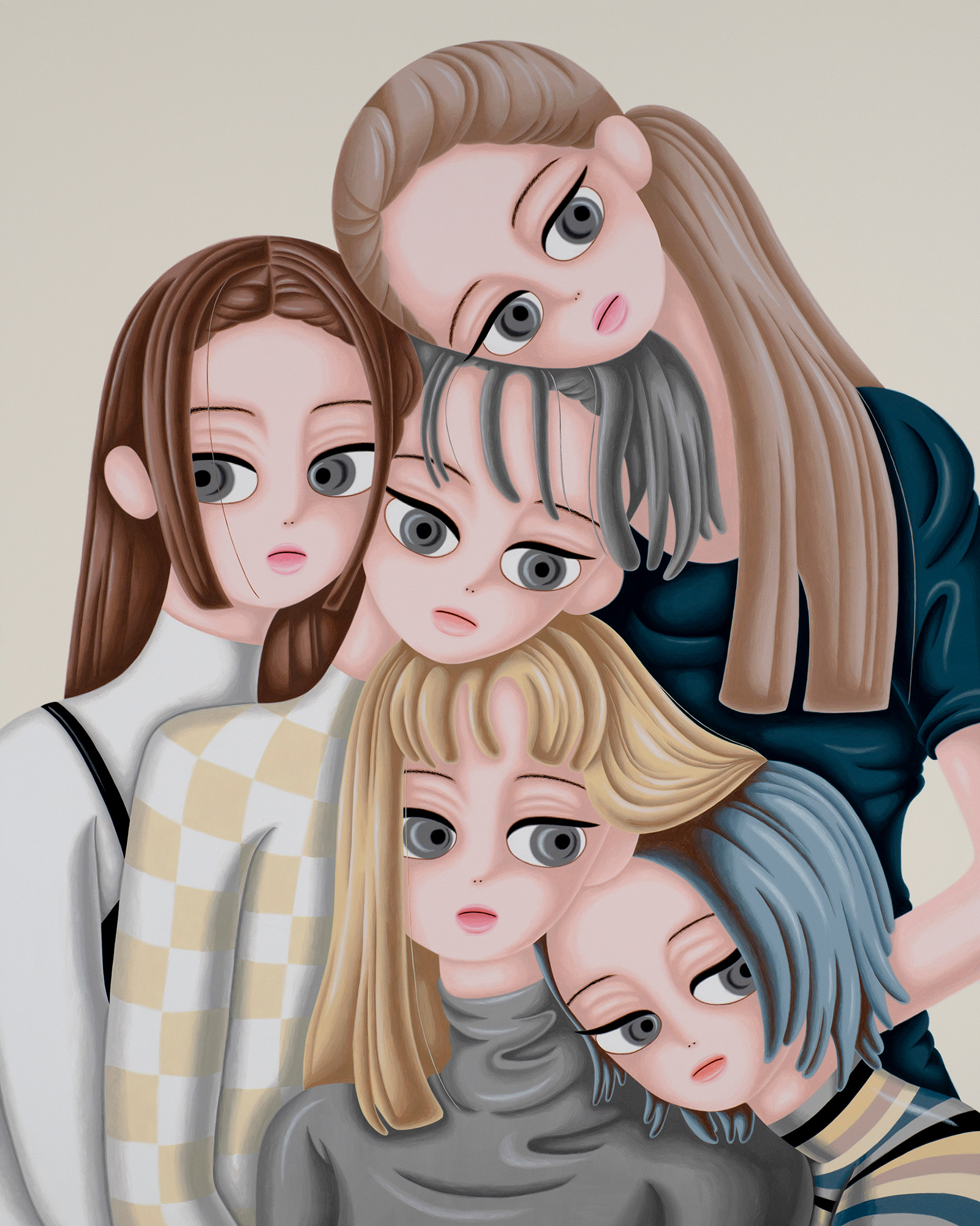 Sujin Lee, Jenga, 2021, acrylic paint on canvas. A vibrant contemporary figurative painting of five young women by Korean artist Sujin Lee.