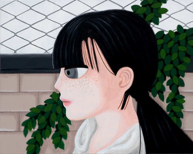 Sujin Lee, On the Street, 2019, acrylic paint on canvas. A vibrant contemporary figurative painting of a young woman by Korean artist Sujin Lee.
