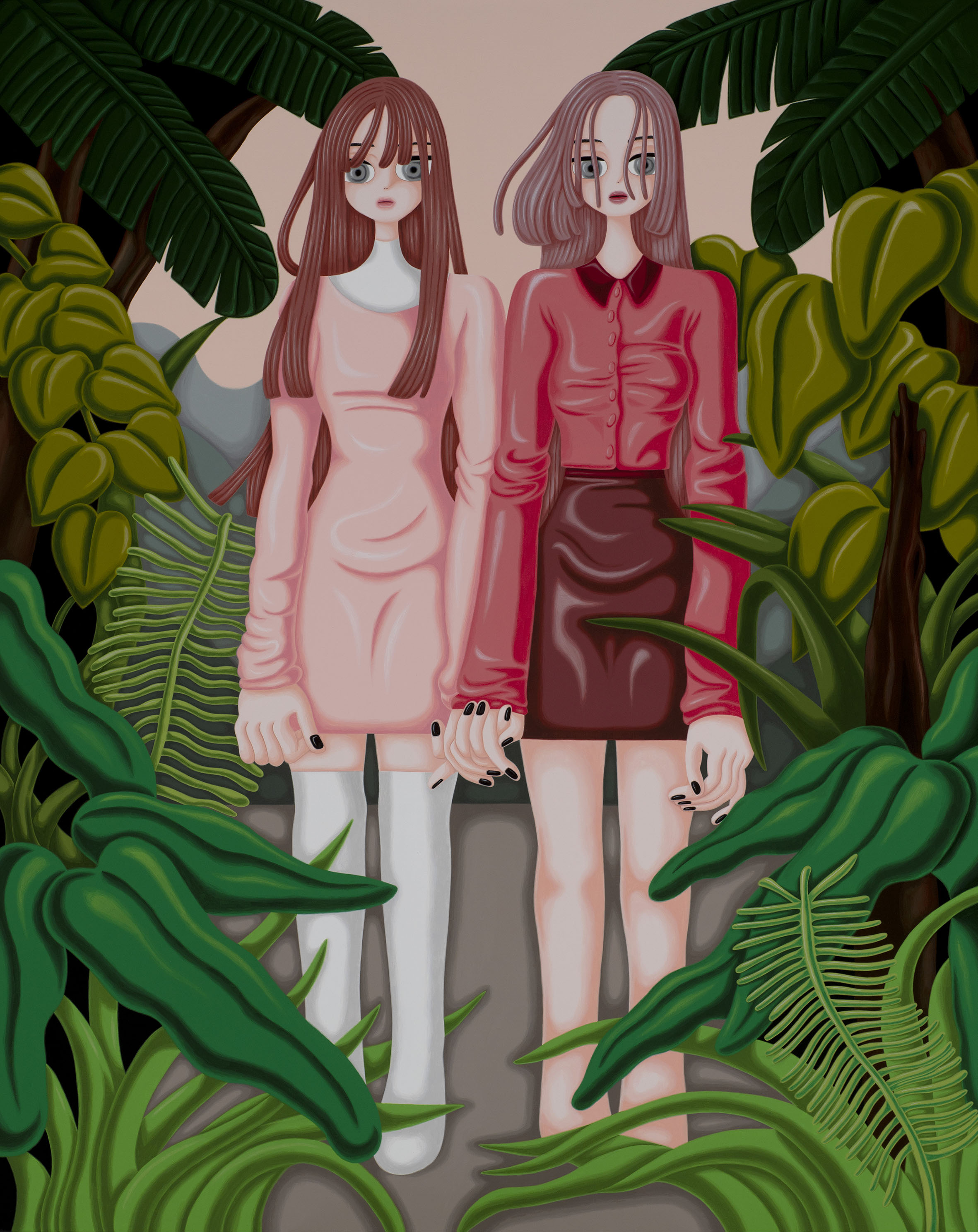 Sujin Lee, Lost, 2020, acrylic painting on canvas. A vibrant contemporary figurative painting of two young women by Korean artist Sujin Lee.
