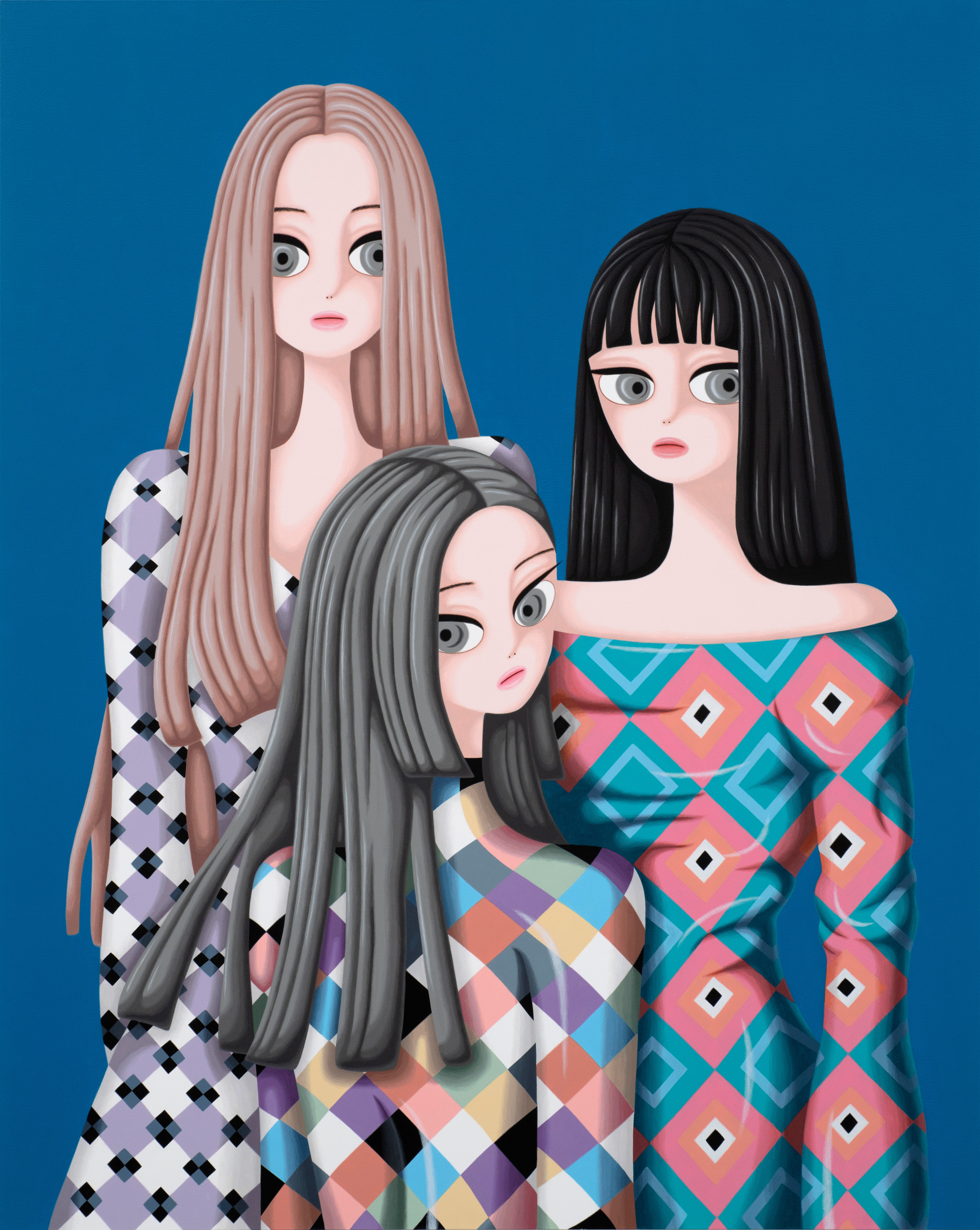 Sujin Lee, Maze, 2021, acrylic paint on canvas. A vibrant contemporary figurative painting of three young women by Korean artist Sujin Lee.