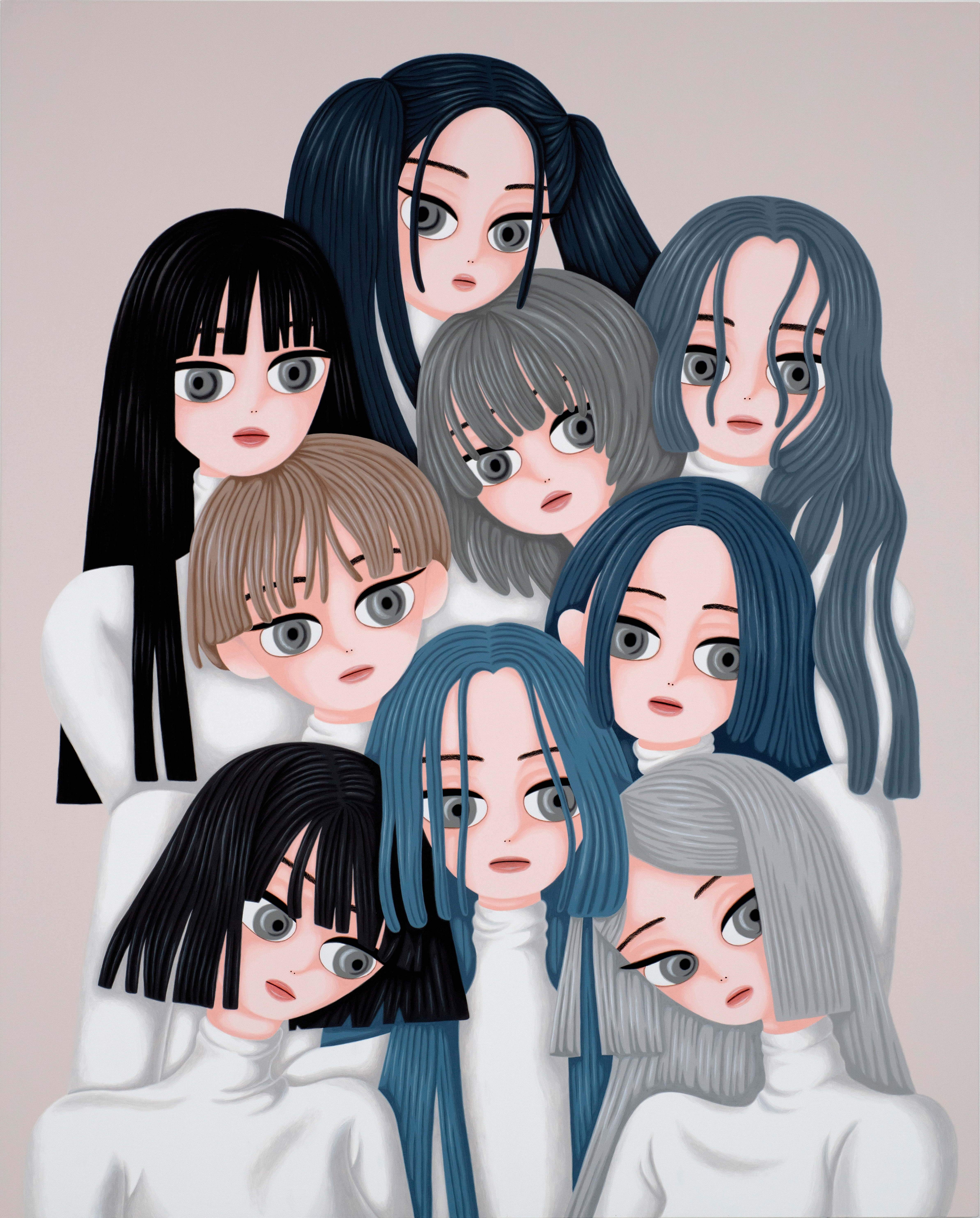 Sujin Lee, Dummy, 2020, acrylic paint on canvas. A vibrant contemporary figurative painting of young women by Korean artist Sujin Lee.