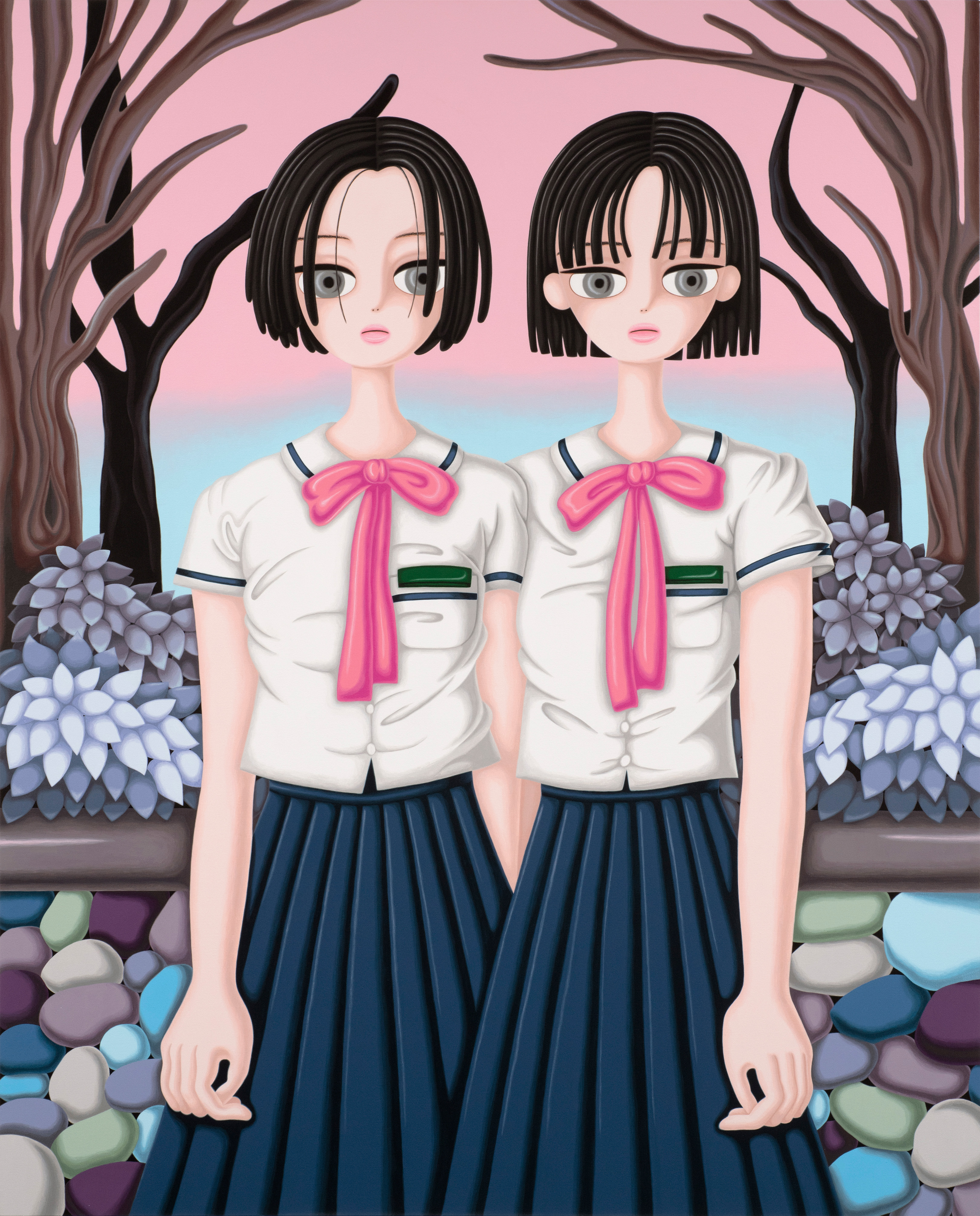 Sujin Lee, Friends, 2021, acrylic paint on canvas. A vibrant contemporary figurative painting of two young women by Korean artist Sujin Lee.