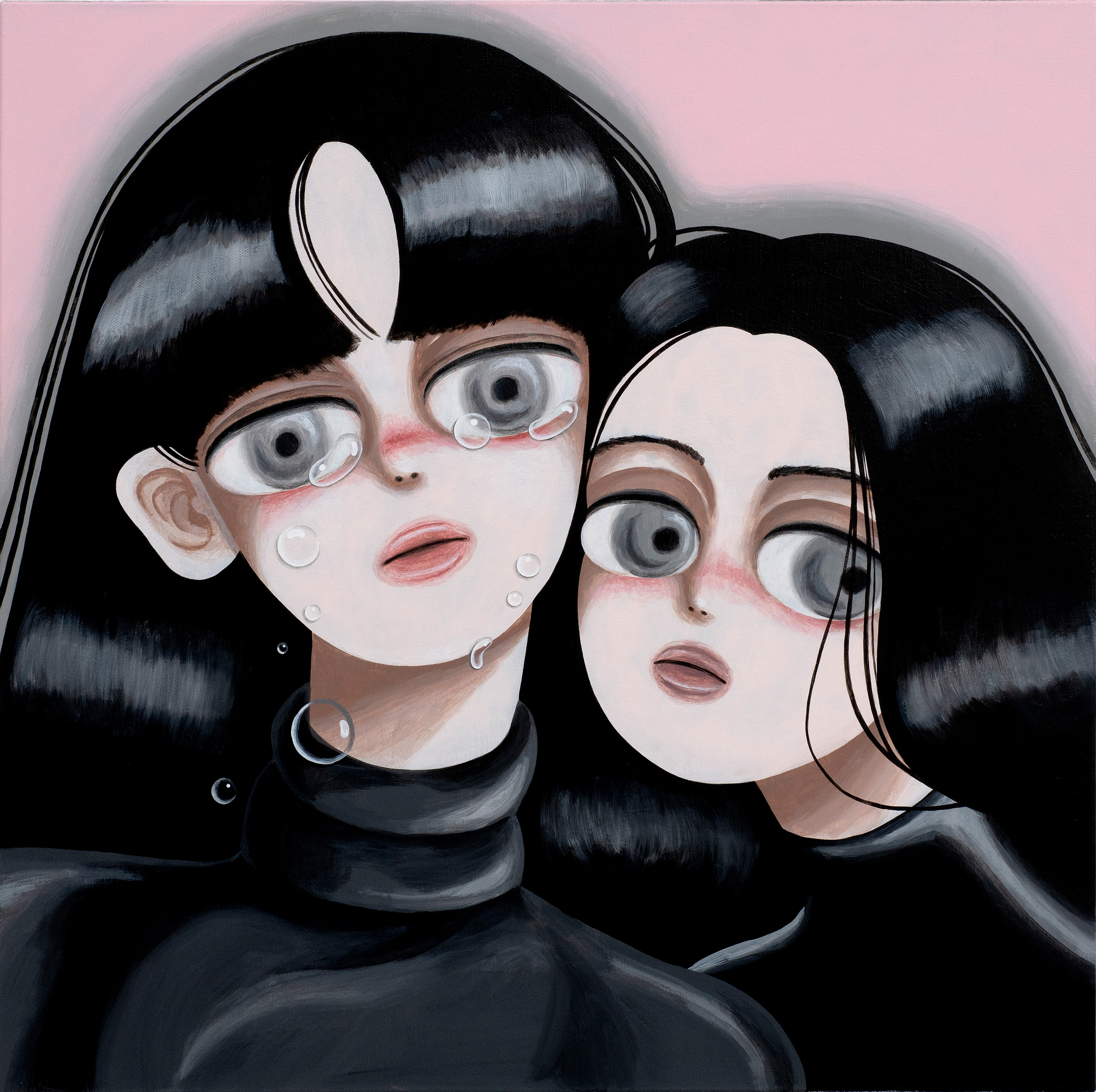 Sujin Lee, Two Girls, 2019, acrylic paint on canvas. A vibrant contemporary figurative painting of two young women by Korean artist Sujin Lee.