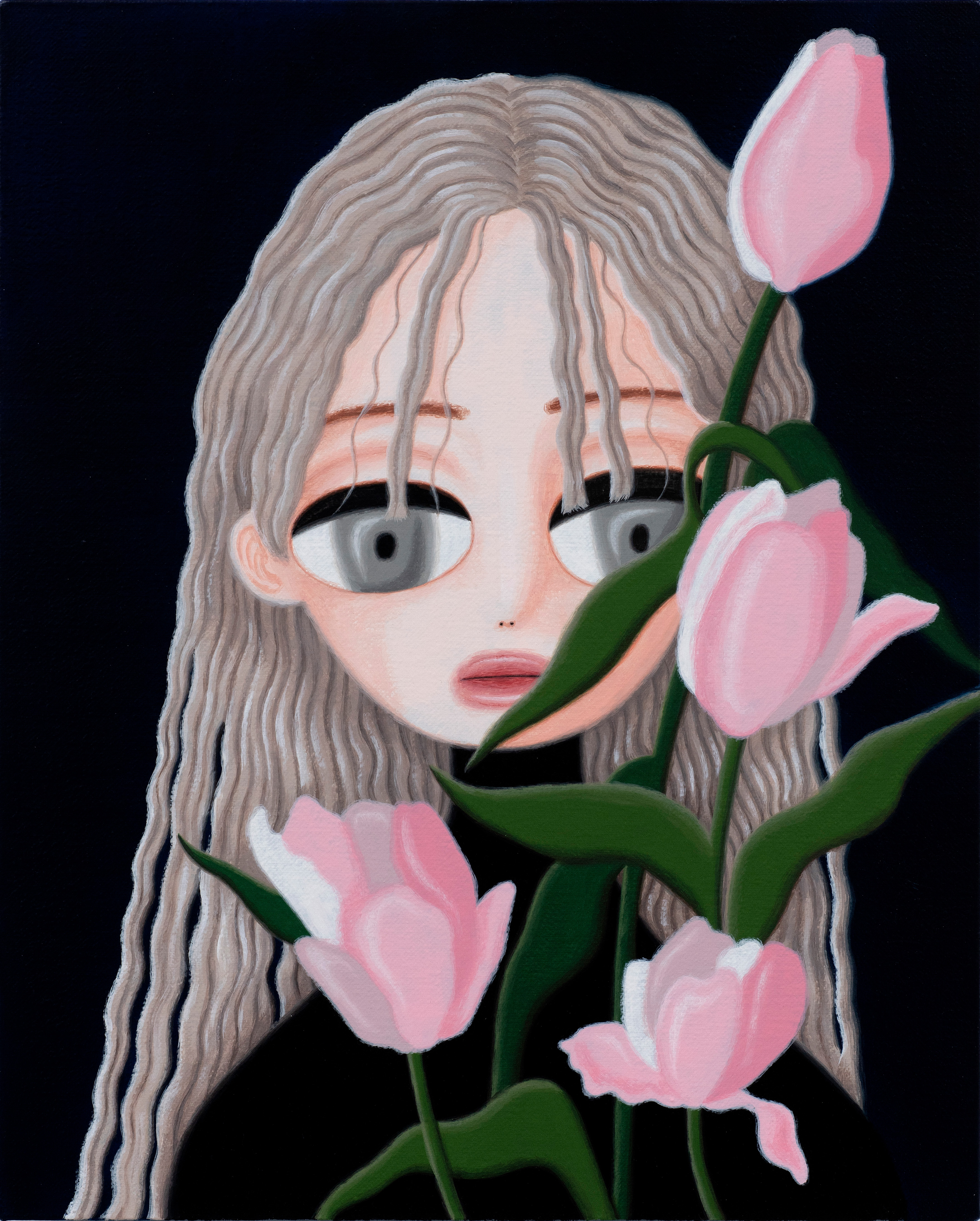 Sujin Lee, Flower, 2019, acrylic paint on canvas. A vibrant contemporary figurative painting of a young woman by Korean artist Sujin Lee.