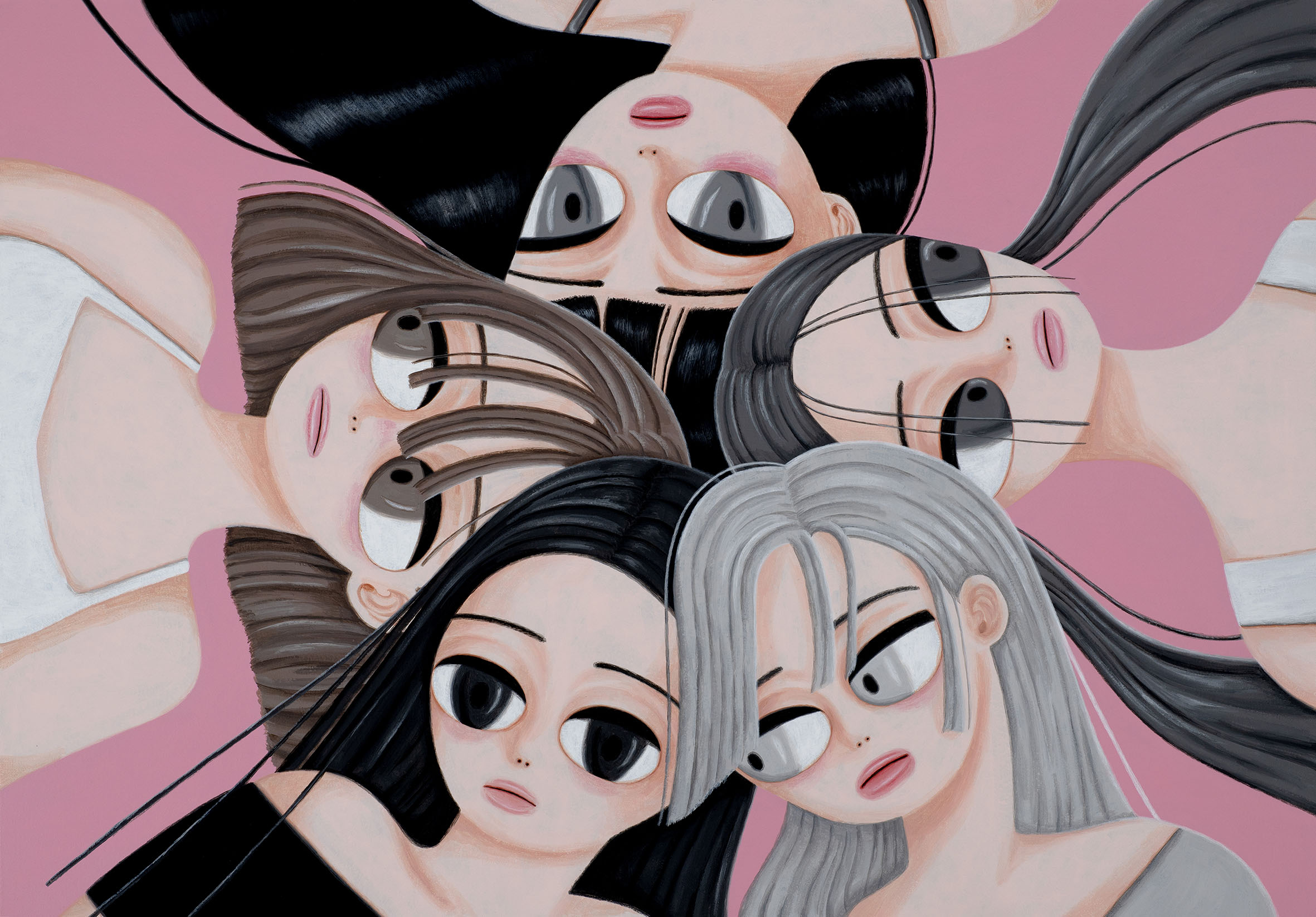 Sujin Lee, Circle, acrylic paint on canvas. A vibrant contemporary figurative painting of young women by Korean artist Sujin Lee.