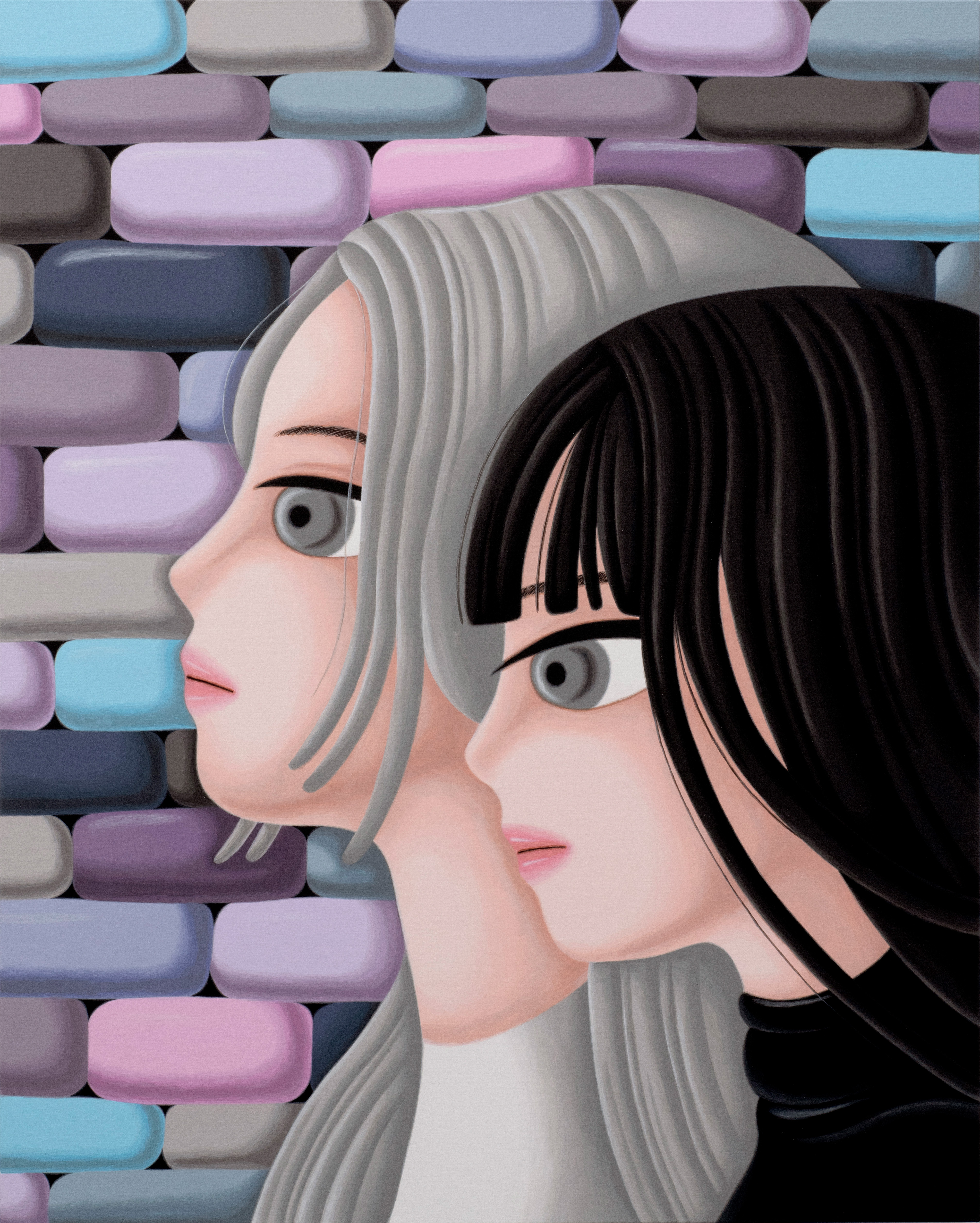 Sujin Lee, Wall, 2021, acrylic paint on canvas. A vibrant contemporary figurative painting of two young women by Korean artist Sujin Lee.