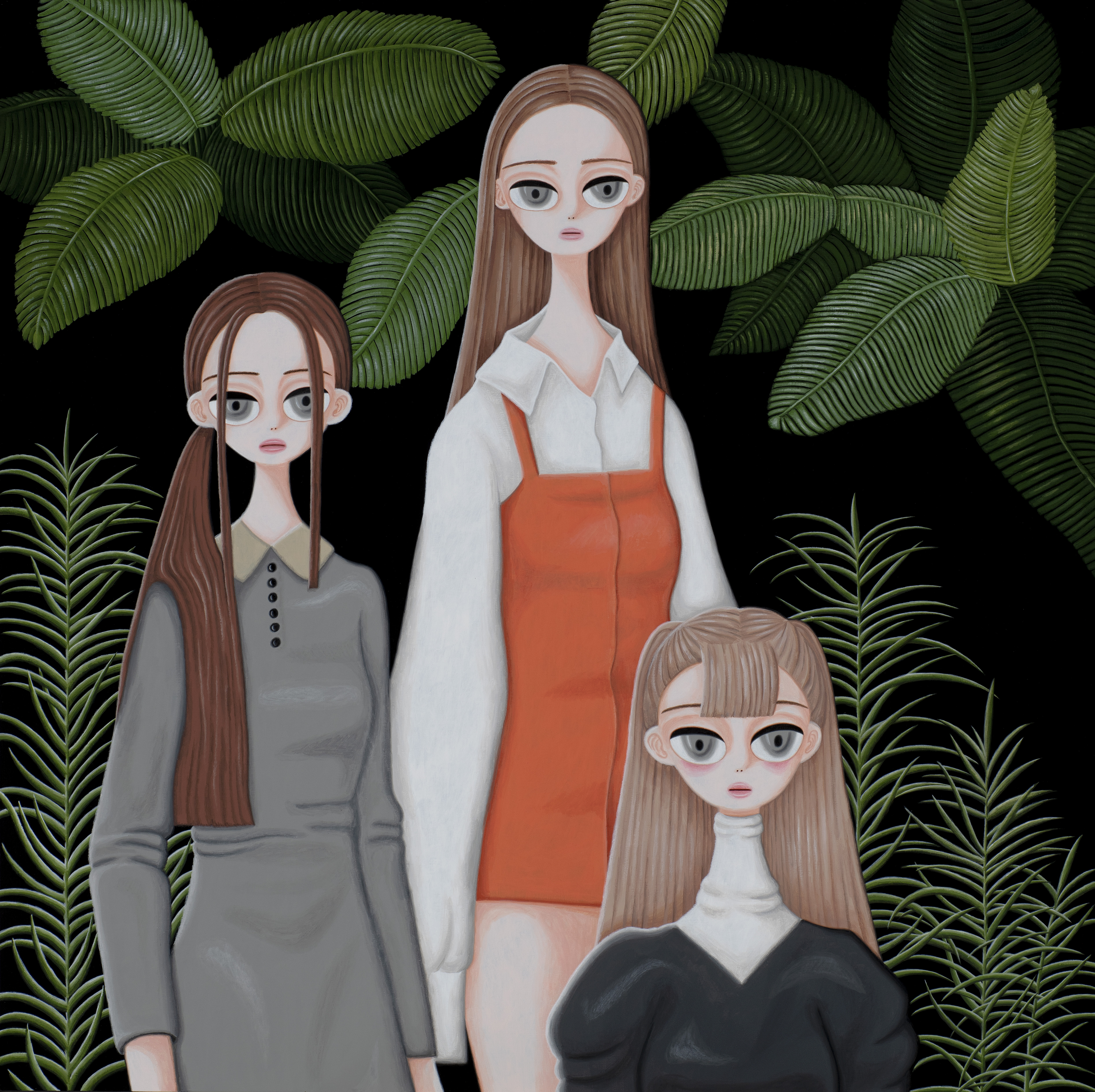 Sujin Lee, Sister, 2021, acrylic paint on canvas. A vibrant contemporary figurative painting of three young women by Korean artist Sujin Lee.