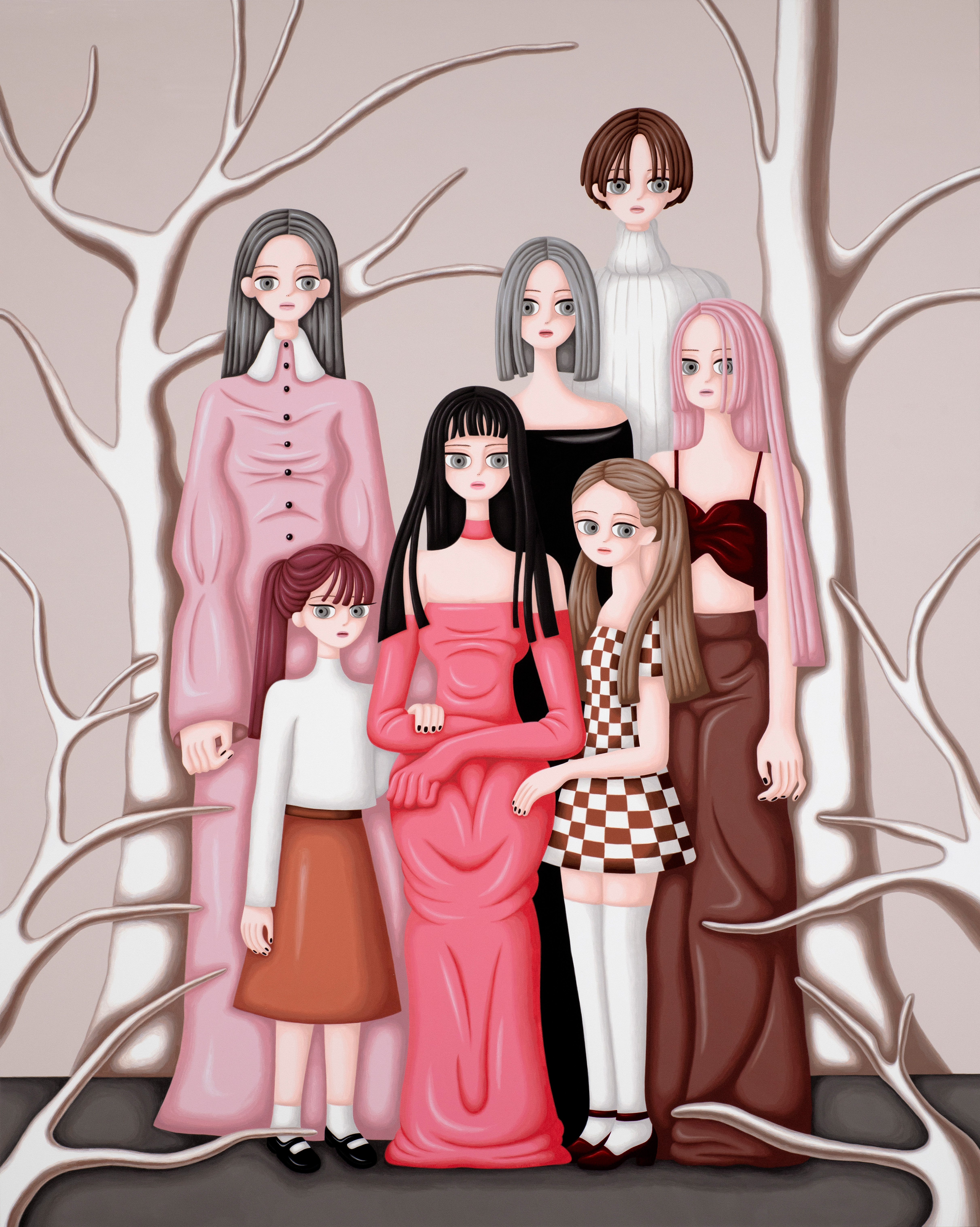 Sujin Lee, Family, 2021, acrylic paint on canvas. A vibrant contemporary figurative painting of young women by Korean artist Sujin Lee.