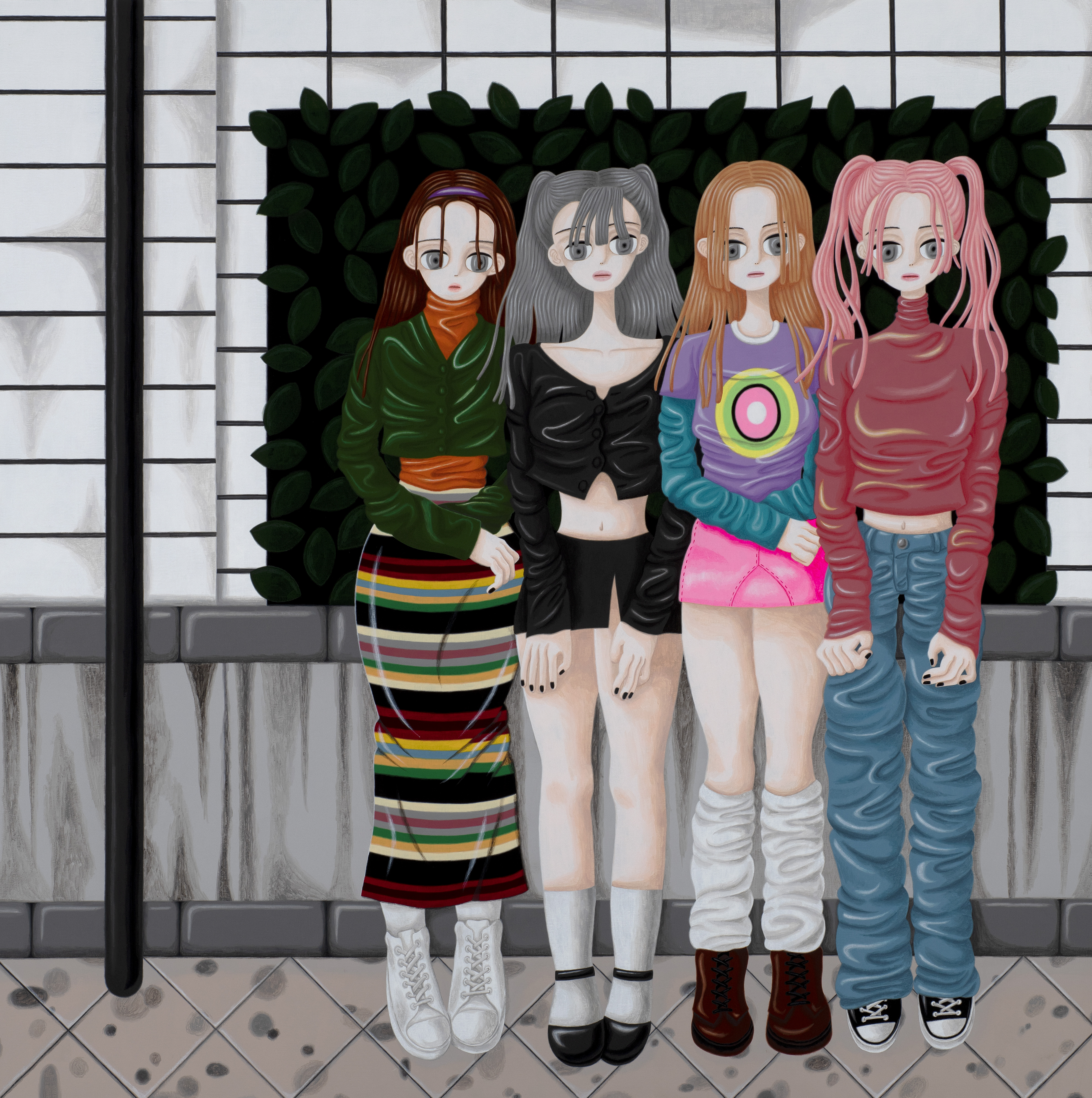 Sujin Lee, Girls on the Street, acrylic paint on canvas. A vibrant contemporary figurative painting of five young women by Korean artist Sujin Lee.