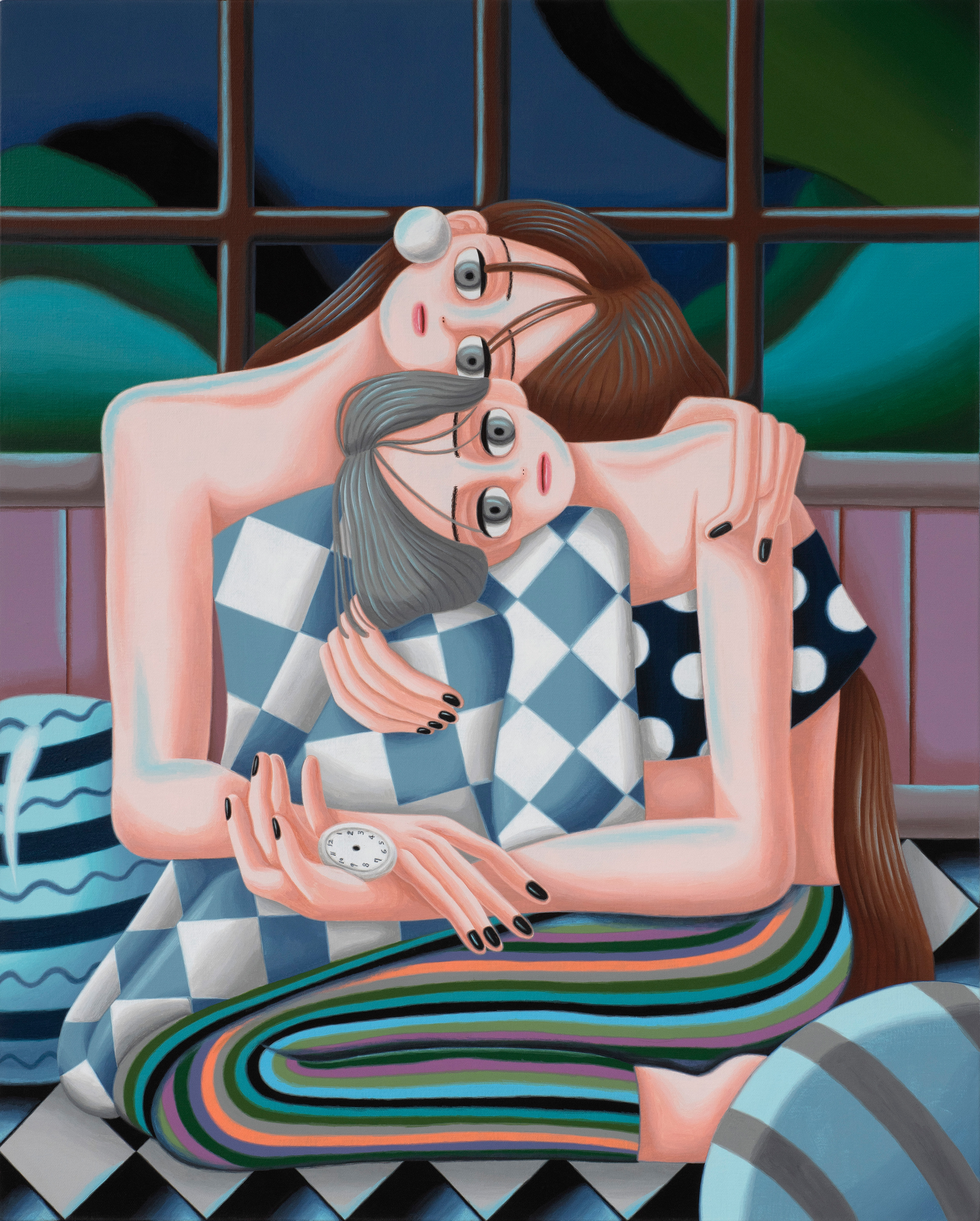 Sujin Lee, Dawn, 2020, acrylic paint on canvas. A vibrant contemporary figurative painting of young women by Korean artist Sujin Lee.