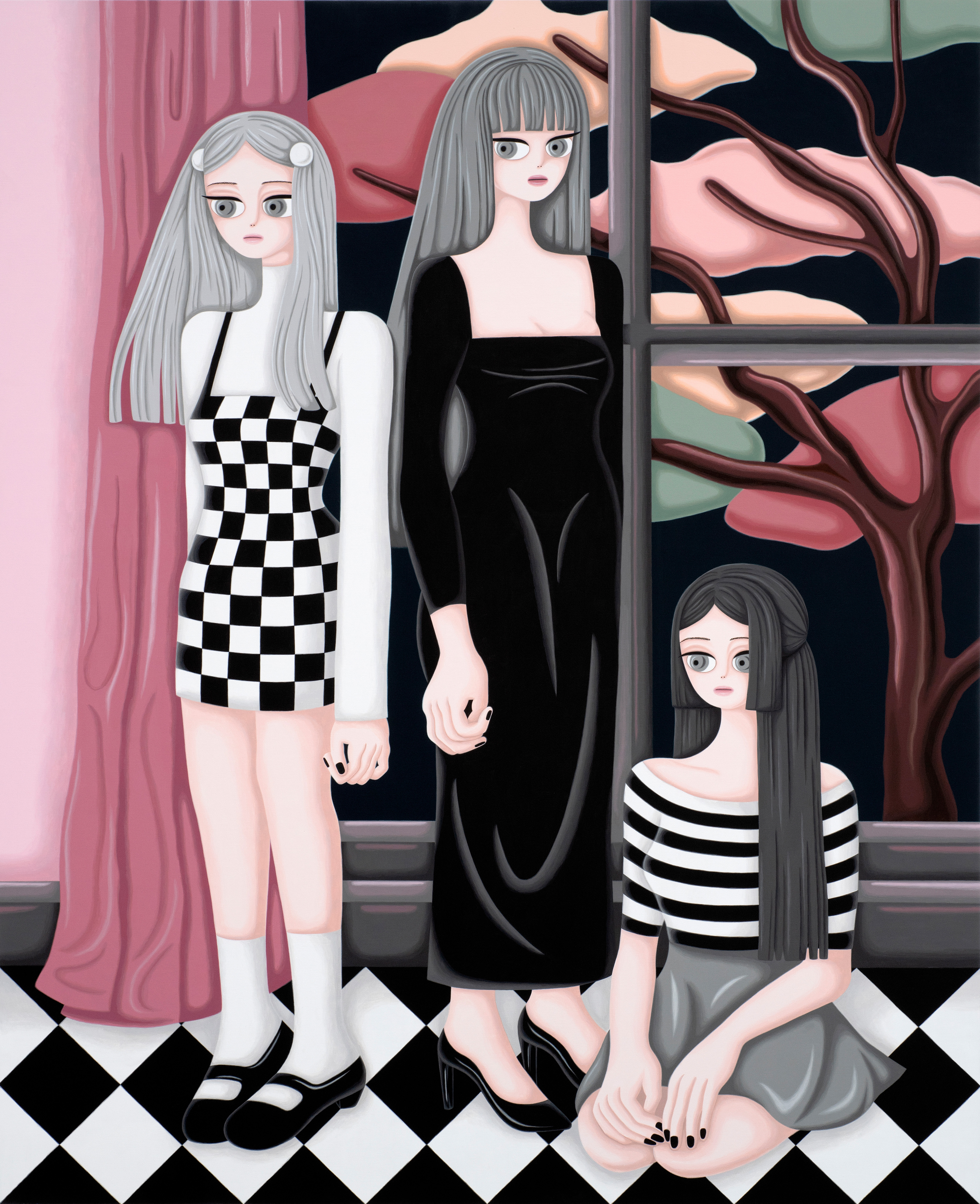 Sujin Lee, Gaze, 2020, acrylic paint on canvas. A vibrant contemporary figurative painting of three young women by Korean artist Sujin Lee.