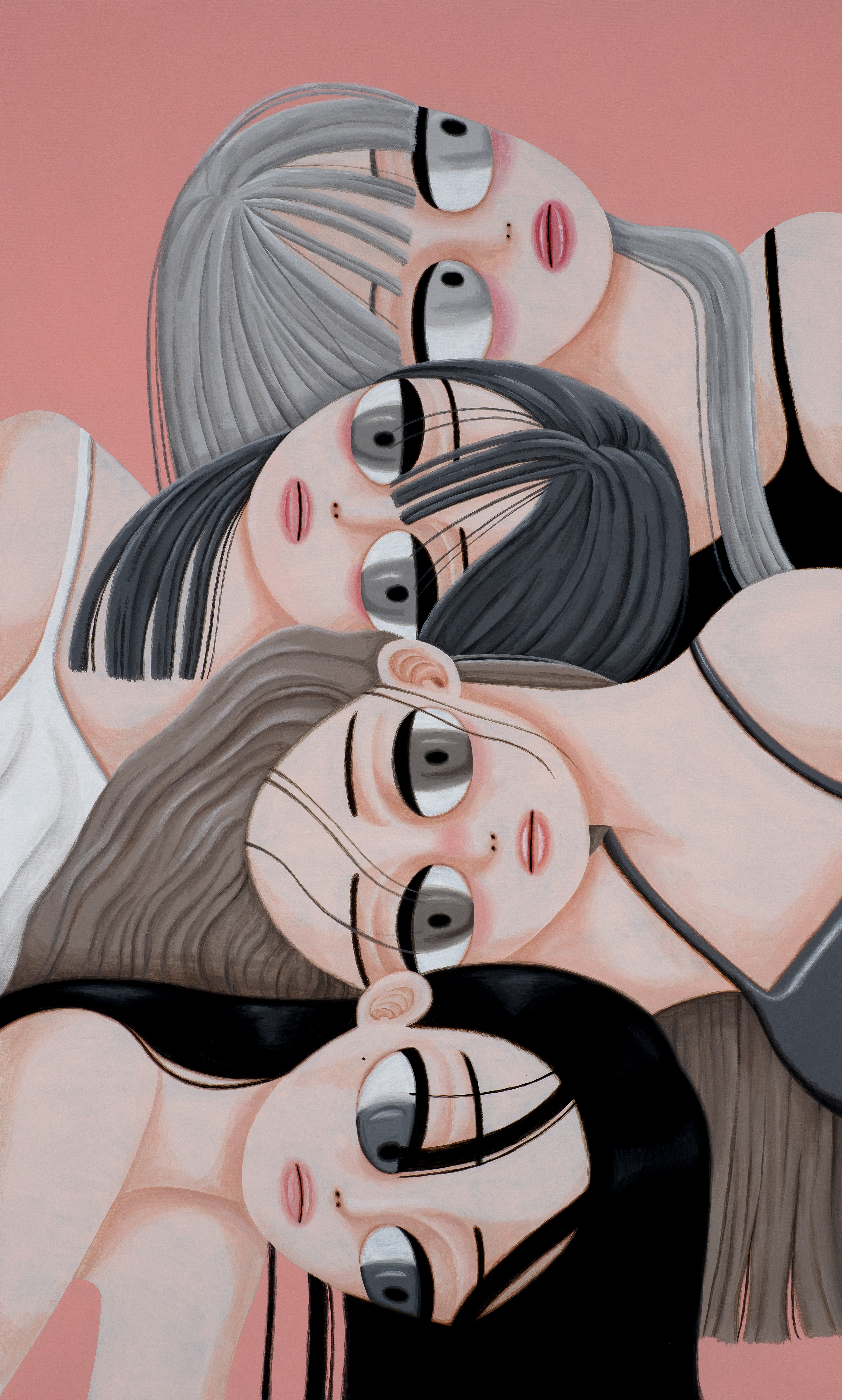 Sujin Lee, Jenga, 2019, acrylic paint on canvas. A vibrant contemporary figurative painting of four young women by Korean artist Sujin Lee.