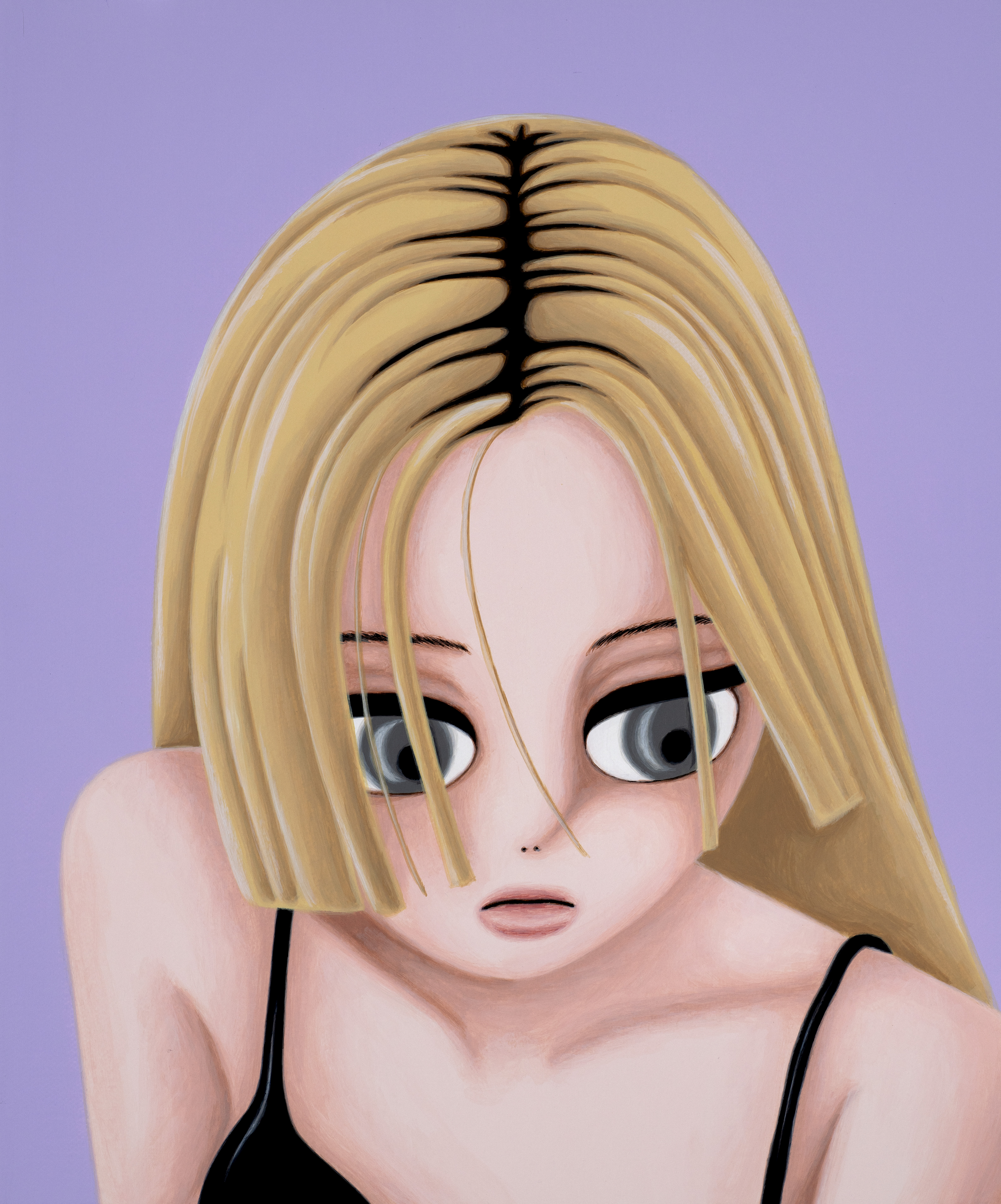 Sujin Lee, A acrylic painting of a young girl with blonde hair and large grey eyes wearing a black top and gazing downwards, set against a purple background.